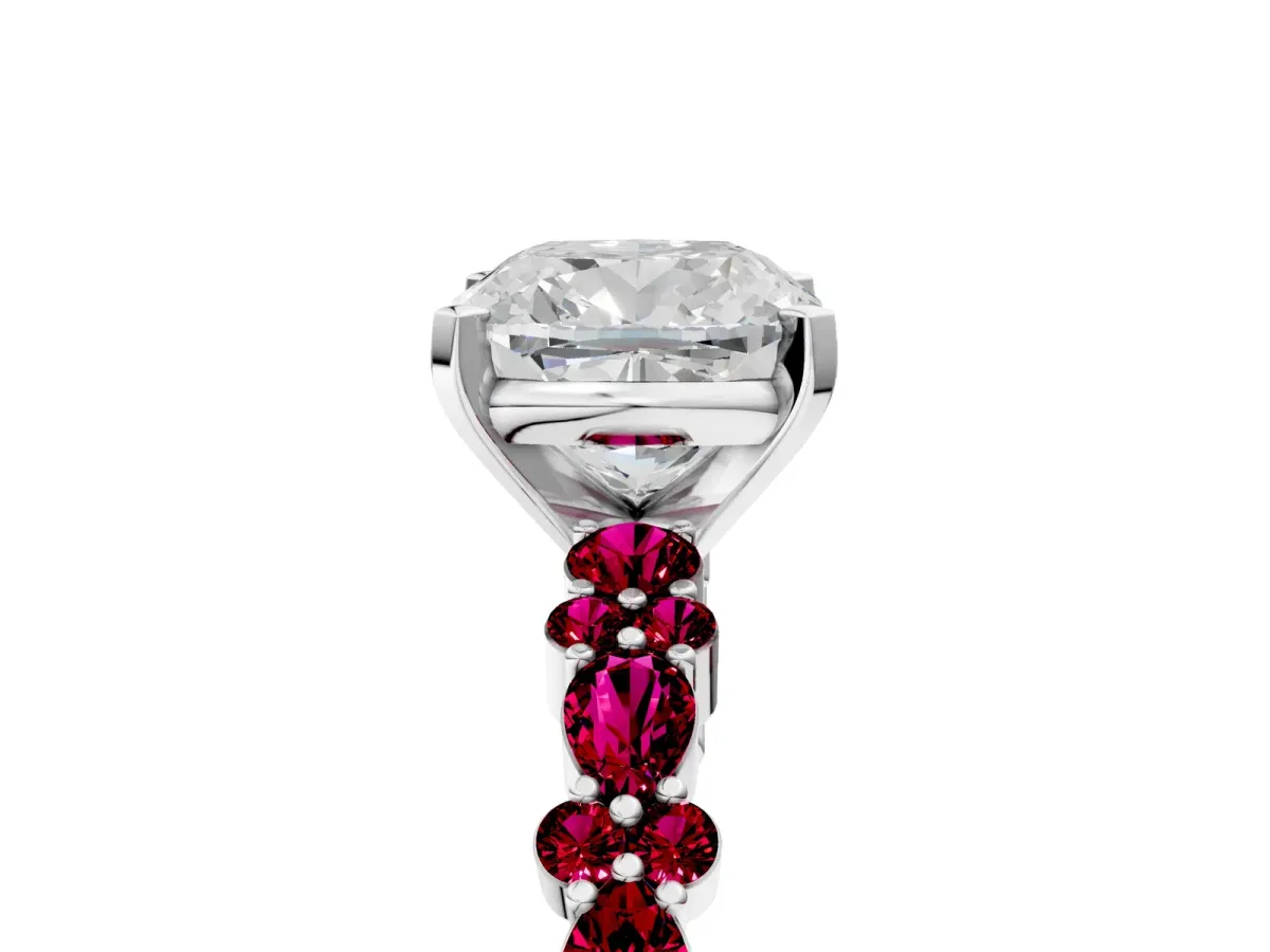 Cushion Cut Diamond Side Stone Solitaire Ring with Round Garnet and Four-Prong Setting Silver