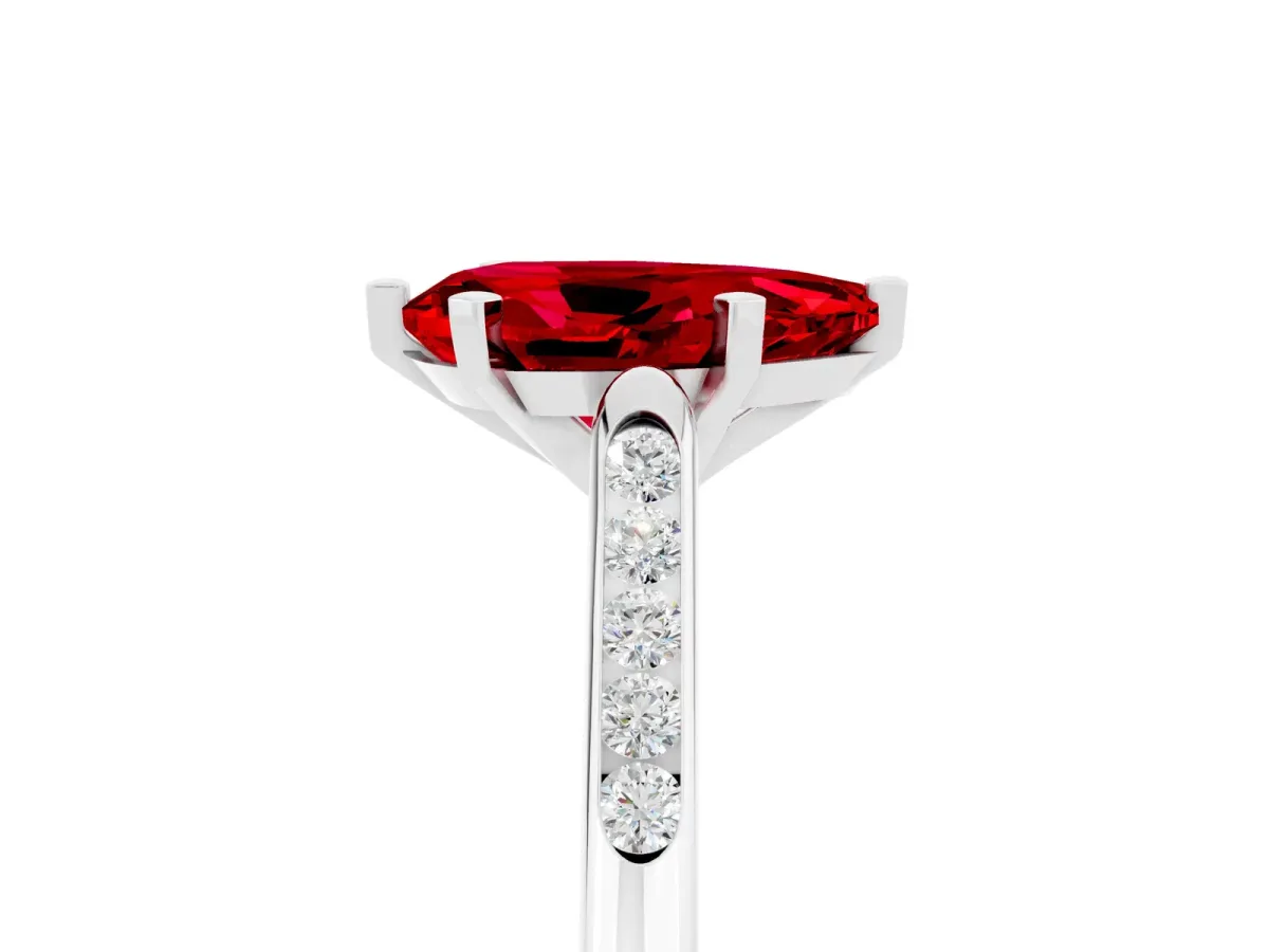 Pear Cut Ruby Solitaire Ring with Channel Set Round Band and Prong Setting Silver