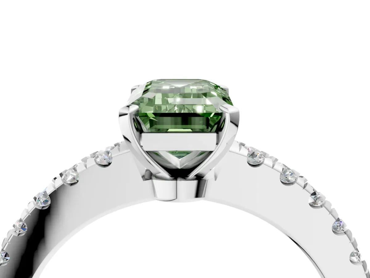 Fancy Green Emerald Cut Solitaire Diamond with Pavé Band and Four-Prong Setting Silver