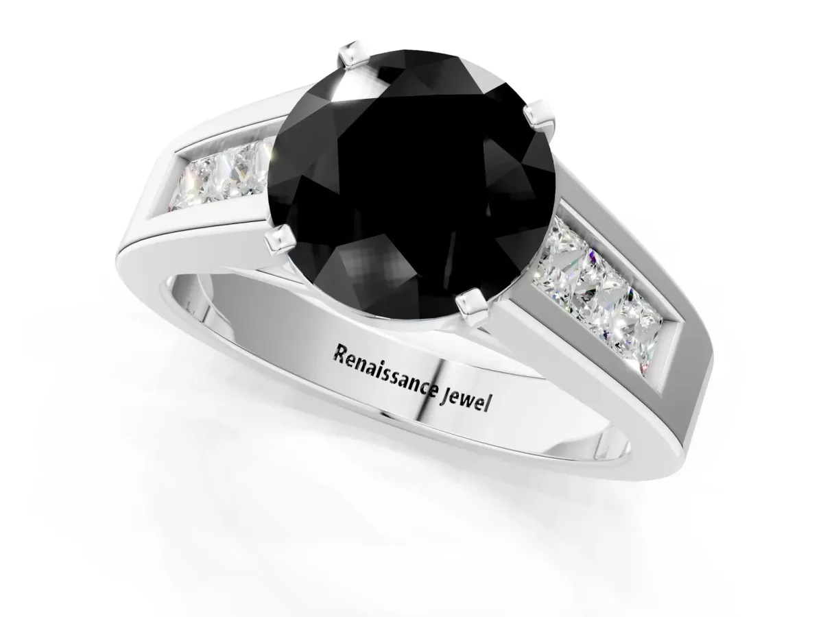 Fancy Black Round Cut Cut Channel Set Solitaire Ring with Four-Prong Setting Platinum