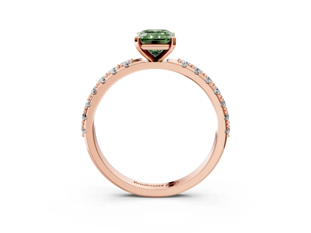 Fancy Green Emerald Cut Diamond Solitaire Pavé Band with Four-Prong Setting Rose gold
