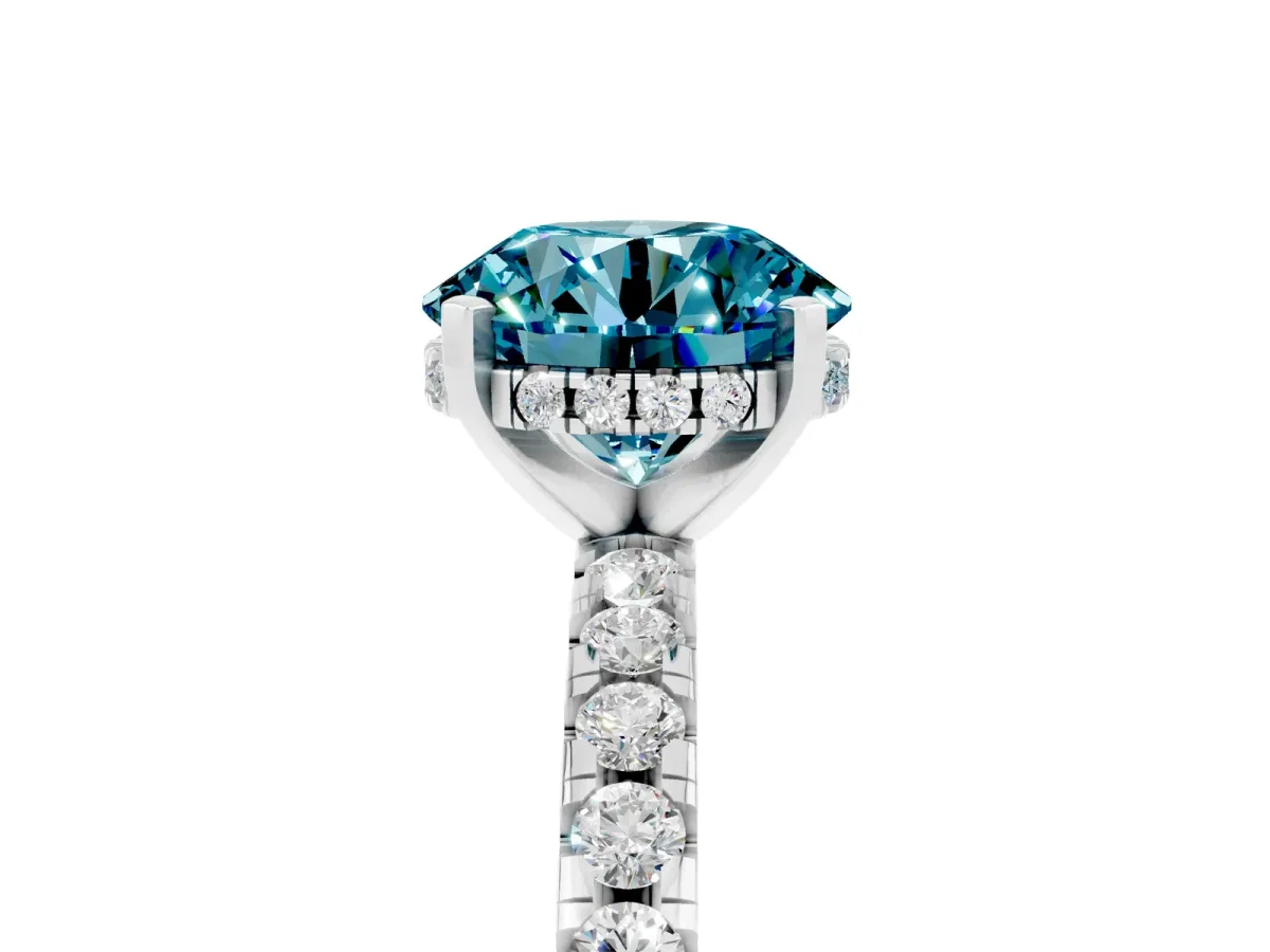 Round Cut Blue Topaz Solitaire Ring with Round Pavé Band and Four-Prong Setting Silver