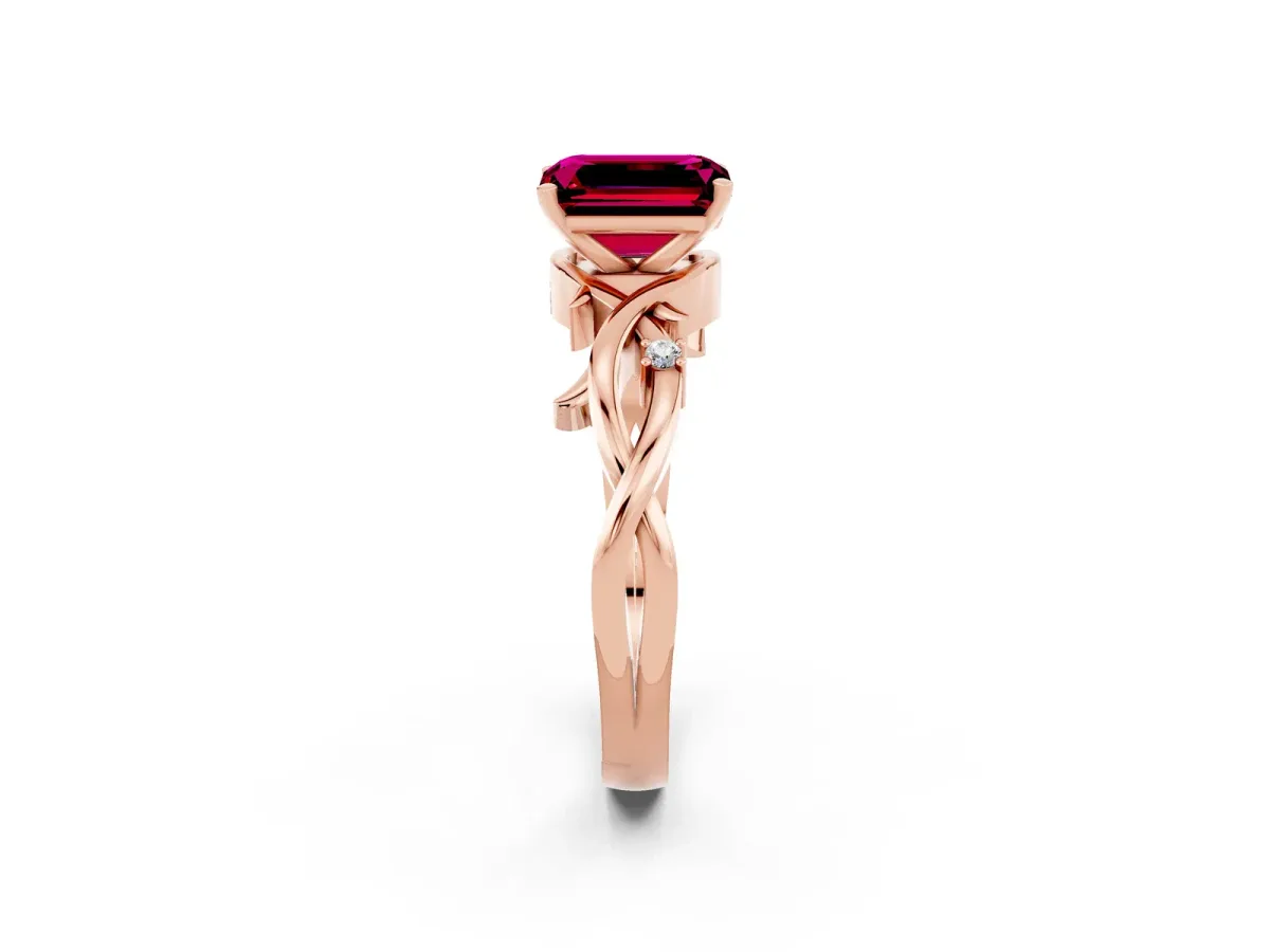Emerald Cut Garnet Solitaire Ring with Twisted Band and Prong Setting Rose gold