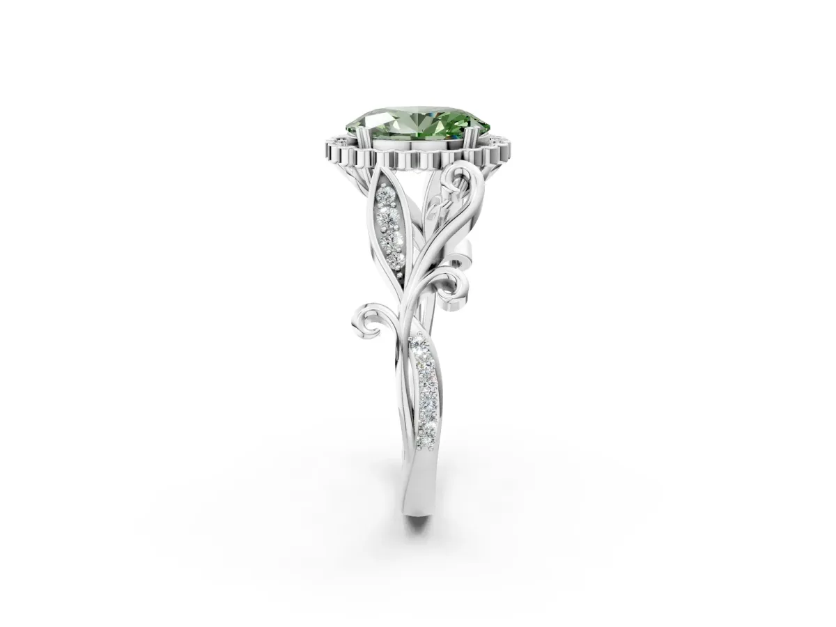 Fancy Green Oval Cut Diamond Halo Ring with Vintage Split Shank and Four-Prong Setting Silver