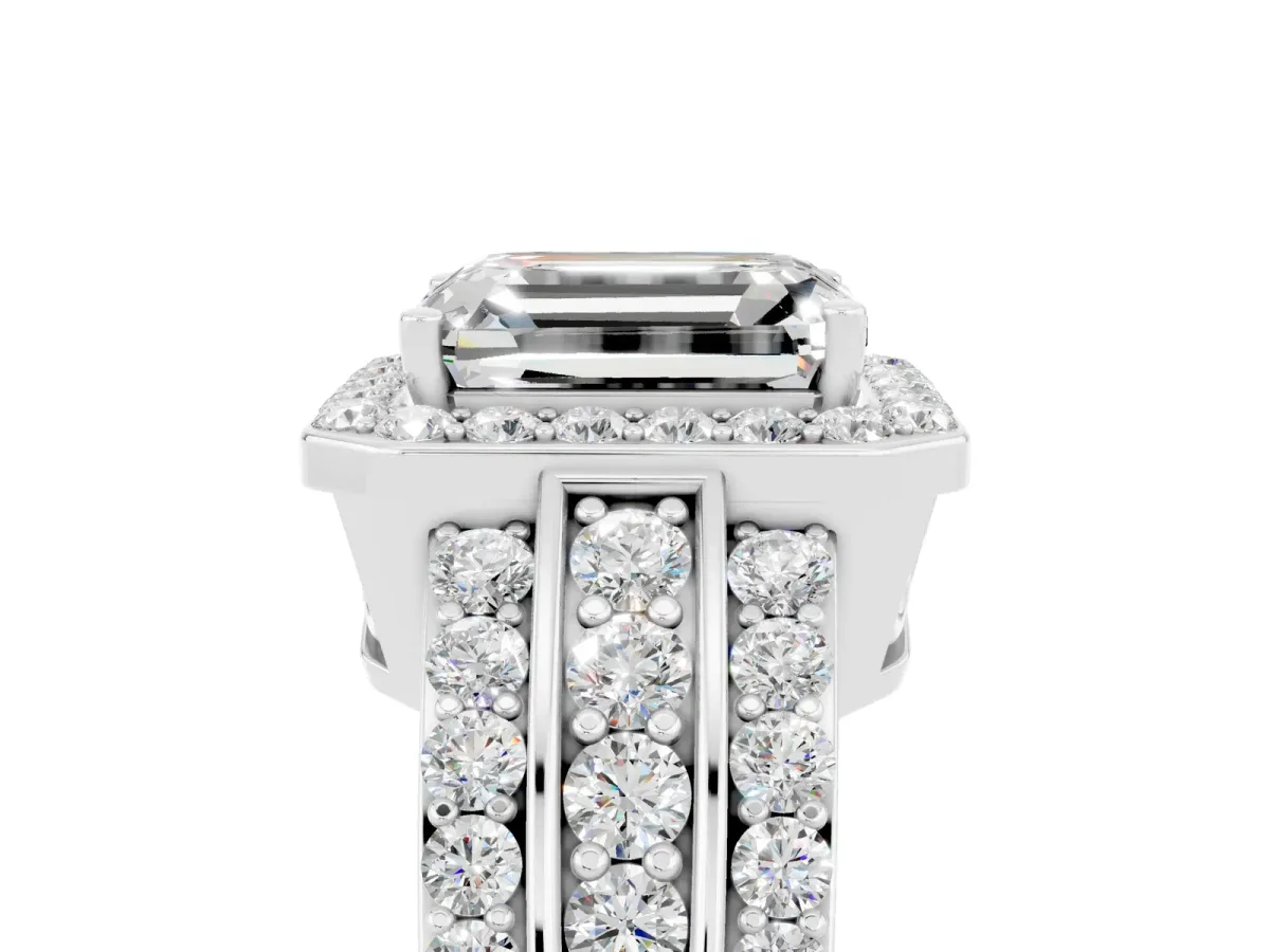 Emerald Cut Halo Moissanite Ring with Round Split Shank and Prong Setting Platinum