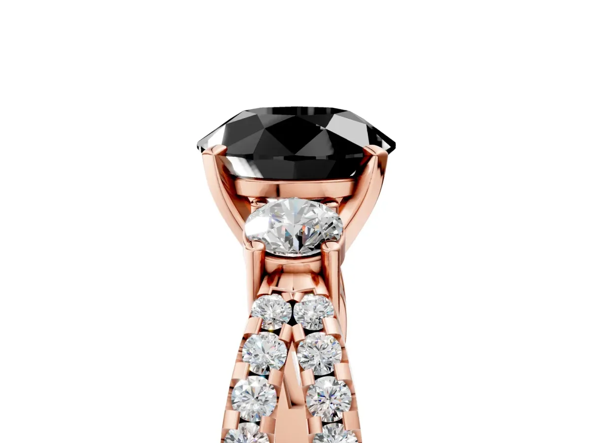 Fancy Black Round Cut Diamond Three-Stone Ring with Pavé Split Shank and Four-Prong Setting Rose gold