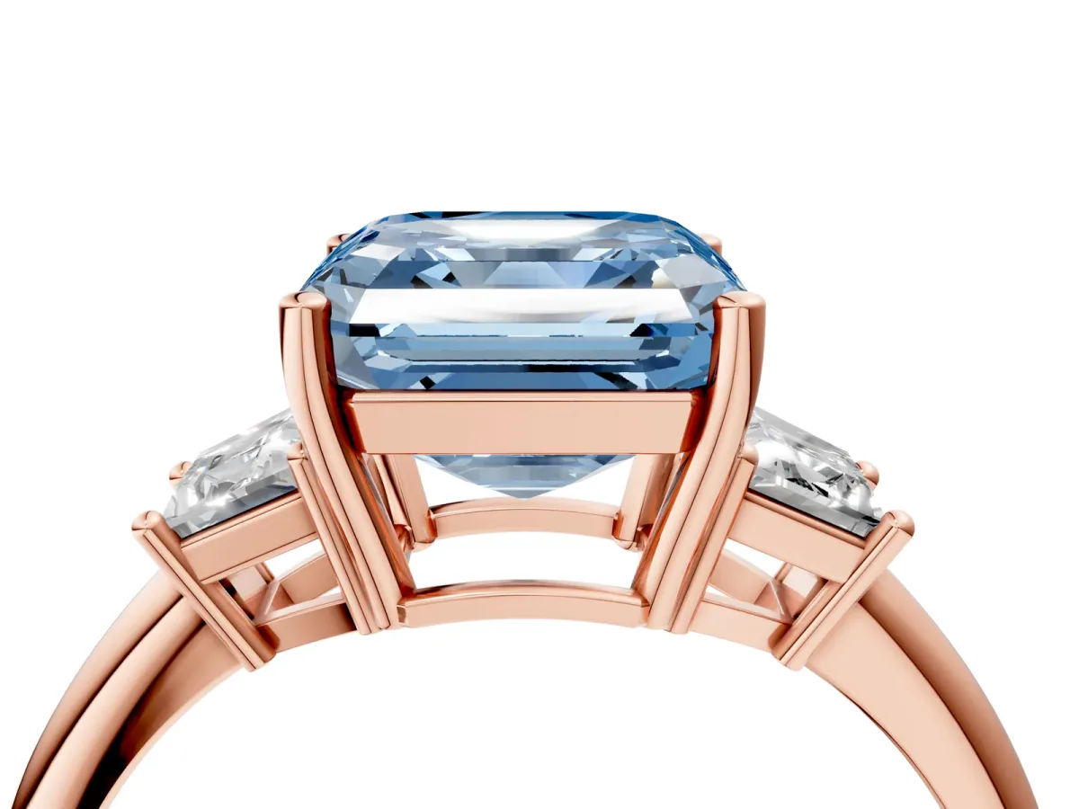 Fancy Blue Asscher Cut Diamond Three-Stone Ring with Trapezoid Side Stones and Prong Setting Rose gold