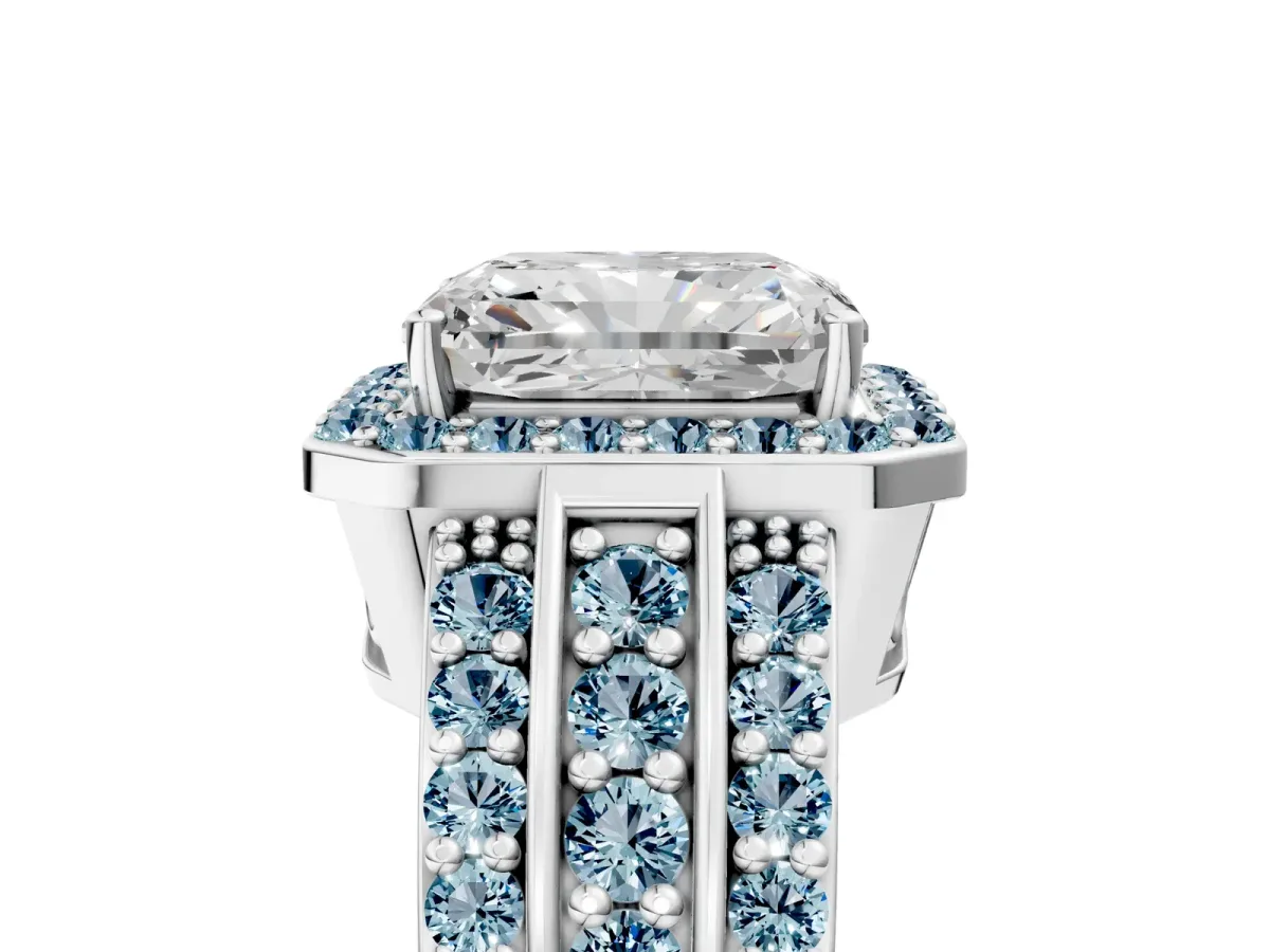 Radiant Cut Halo Diamond Ring with Round Aquamarine Split Shank and Prong Setting Silver