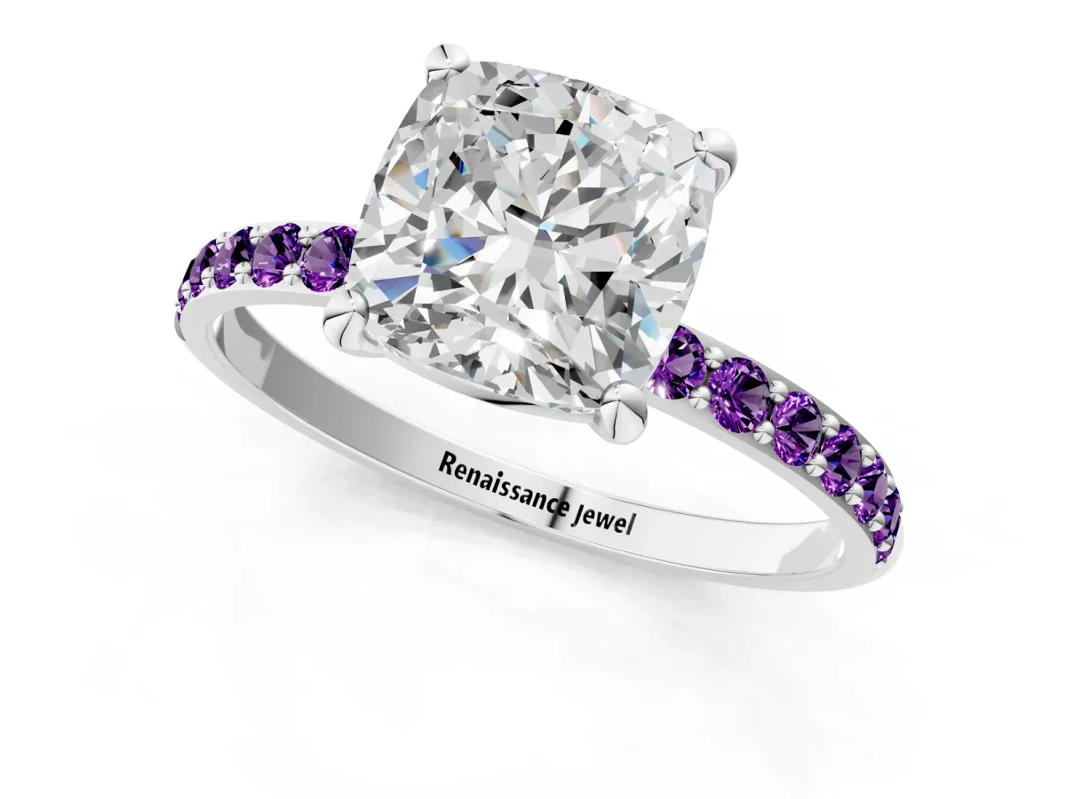 Cushion Cut Diamond Solitaire Ring with Round Amethyst Pavé Band and Prong Setting Silver