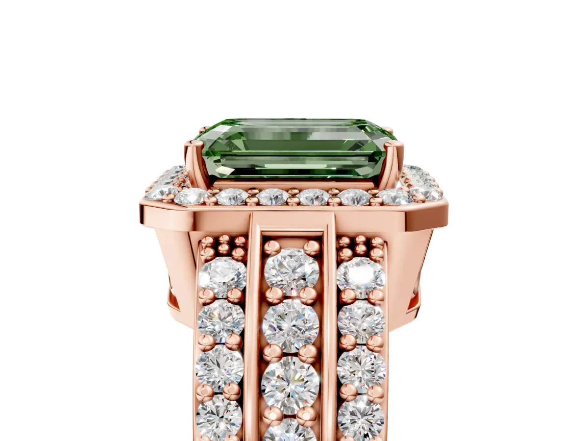 Fancy Green Emerald Cut Halo Diamond Ring with Round Split Shank and Prong Setting Rose gold