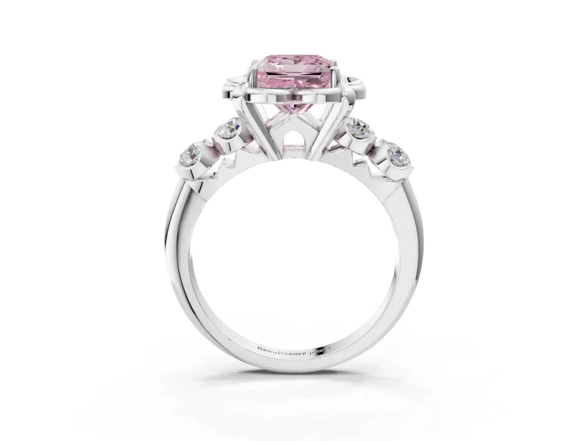 Fancy Pink Princess Cut Cut Diamond Floral Halo Engagement Ring with Shared Prong Setting Silver