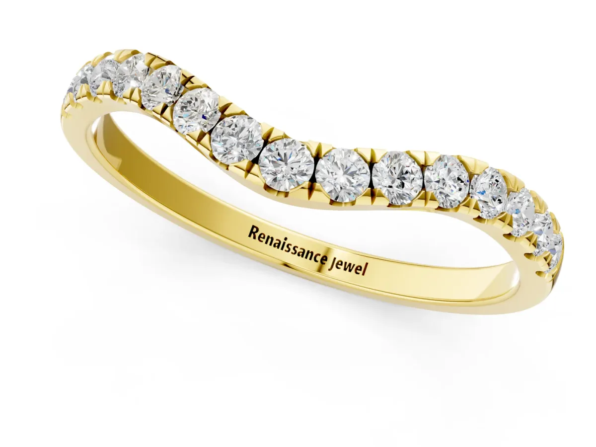 Curved Pavé Round Diamond Wedding Band with Shared Prong Setting Yellow gold
