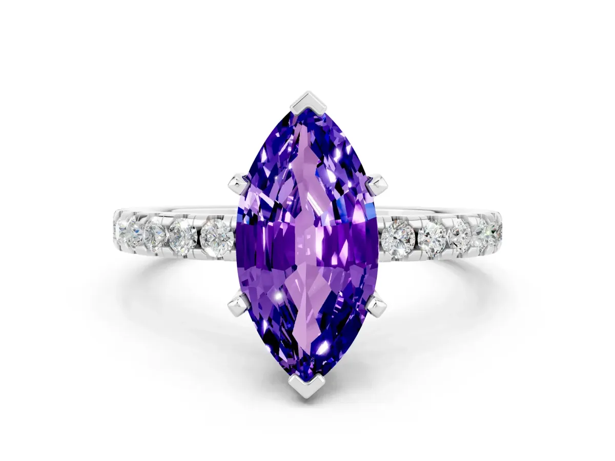 Marquise Cut Tanzanite Solitaire Ring with Round Pavé Band and Four-Prong Setting Silver