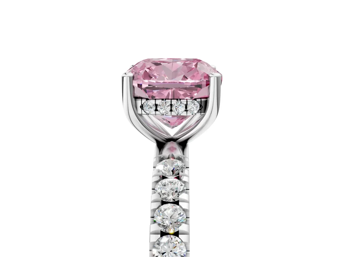 Fancy Pink Cushion Cut Diamond Pave Band Solitaire Ring with Round and Prong Setting Silver