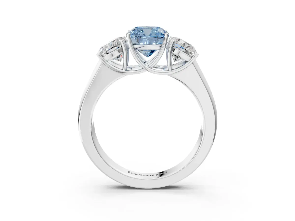 Fancy Blue Three-Stone Cushion Cut Cut Diamond Ring with Prong Setting and Classic Band White gold
