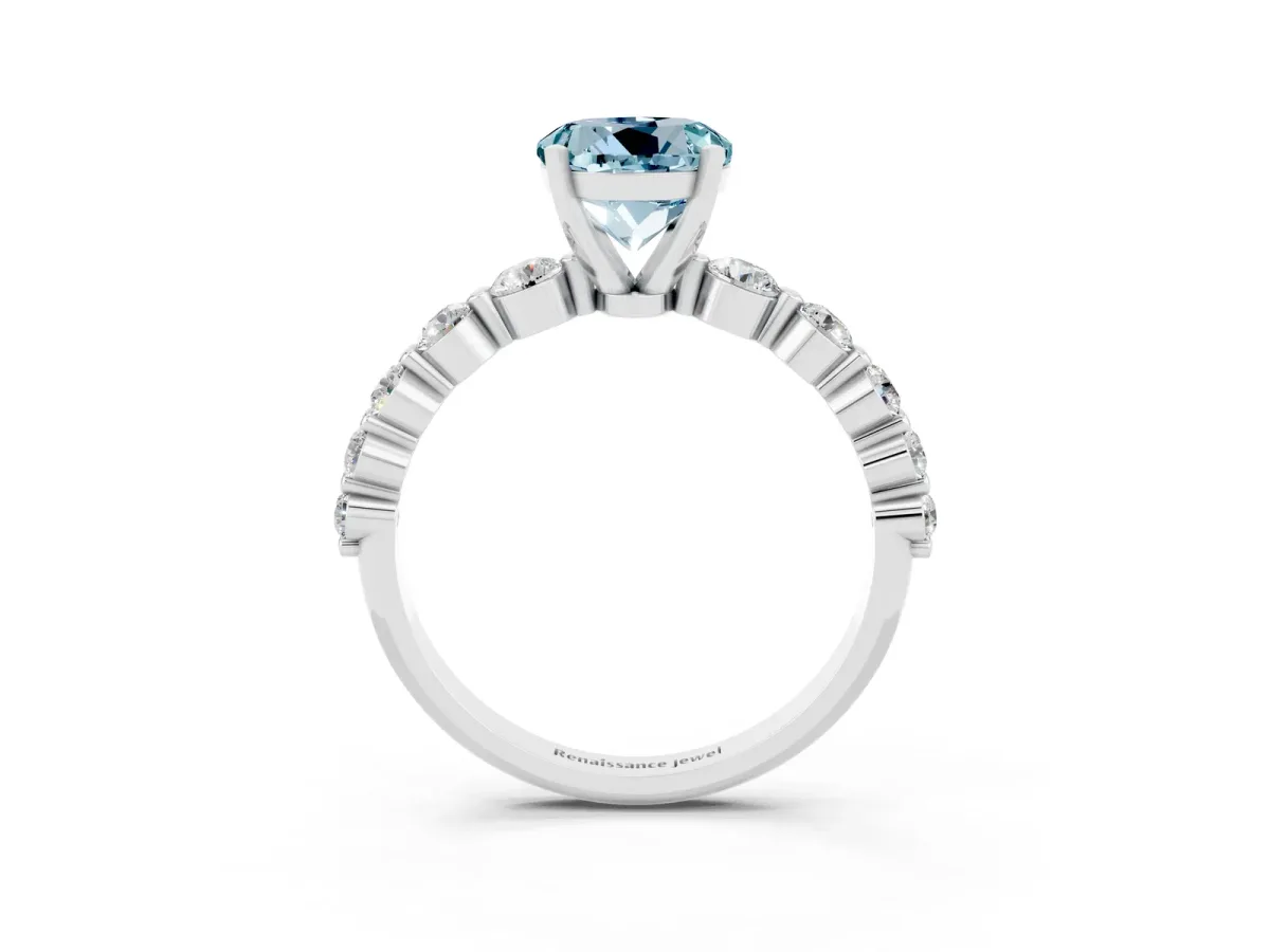 Round Cut Solitaire Aquamarine Ring with Pave Band and Four-Prong Setting Silver