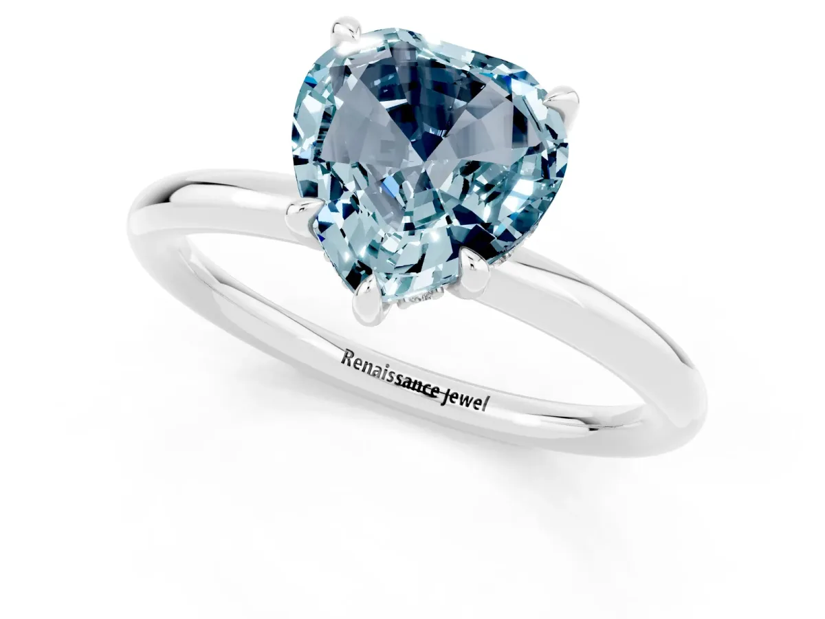 Heart Cut Aquamarine Solitaire Ring with Thin Band and Four-Prong Setting White gold