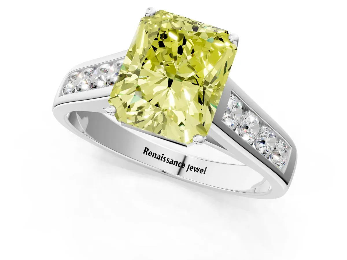 Fancy Yellow Radiant Cut Brilliant Channel-Set Solitaire Ring with Four-Prong Setting Platinum
