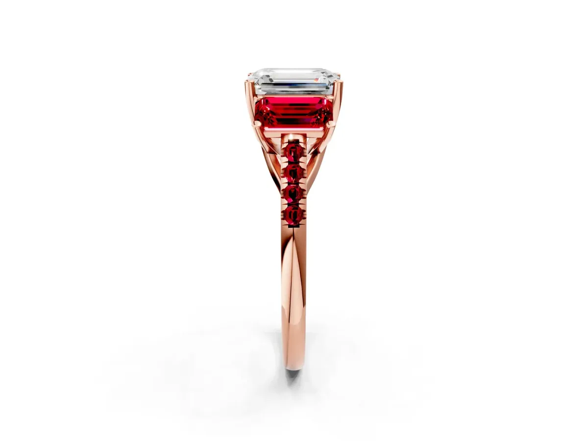 Three-Stone Emerald Cut Diamond Ring with Round Ruby Pavé Band and Prong Setting Rose gold