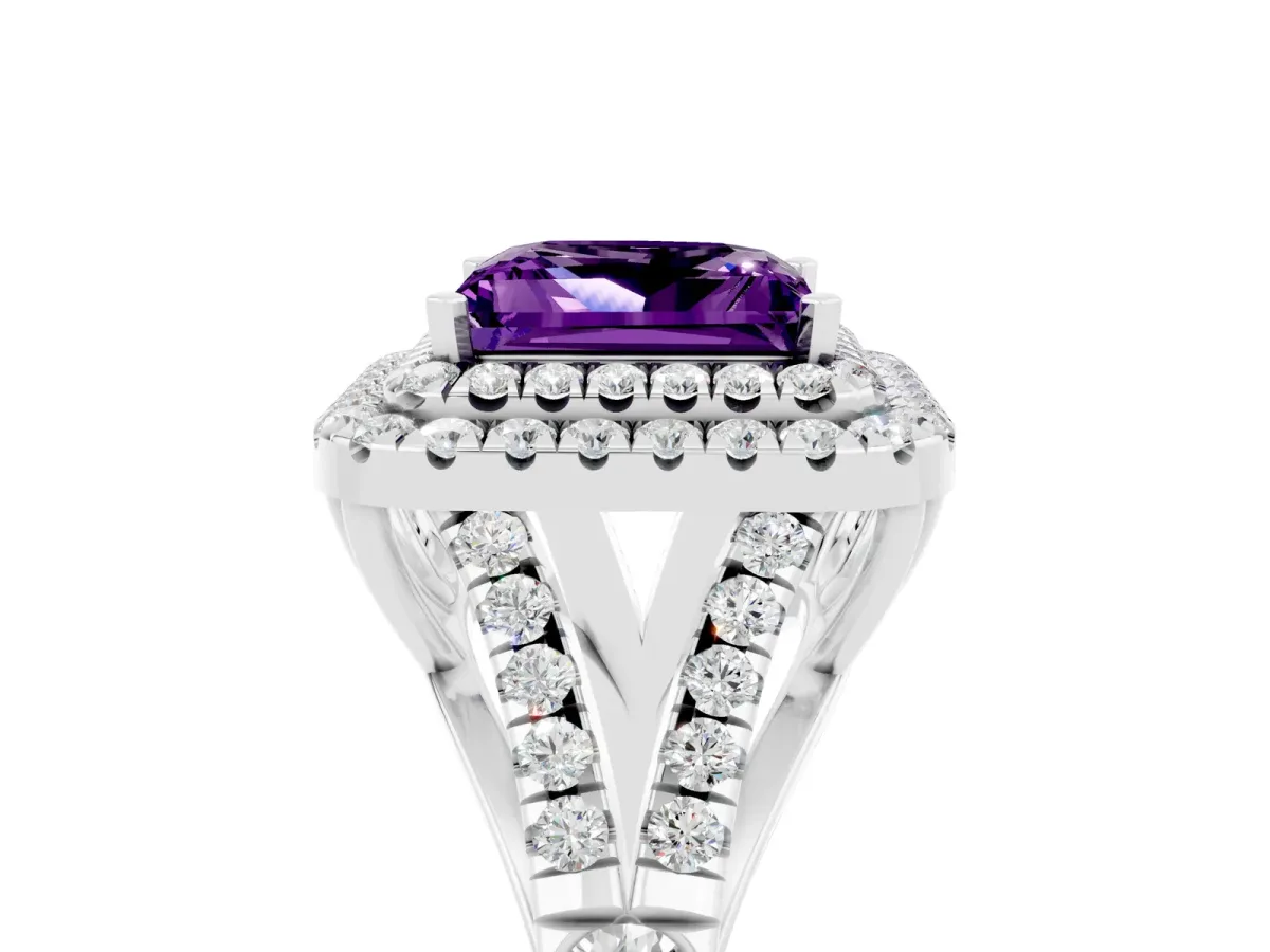 Double Halo Princess Cut Amethyst Split Shank Engagement Ring with Four-Prong Setting White gold