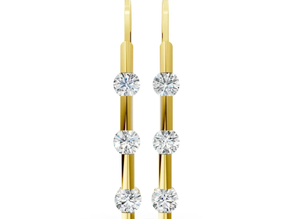 Round Diamond Bar Drop Earrings with Bezel Setting Yellow gold