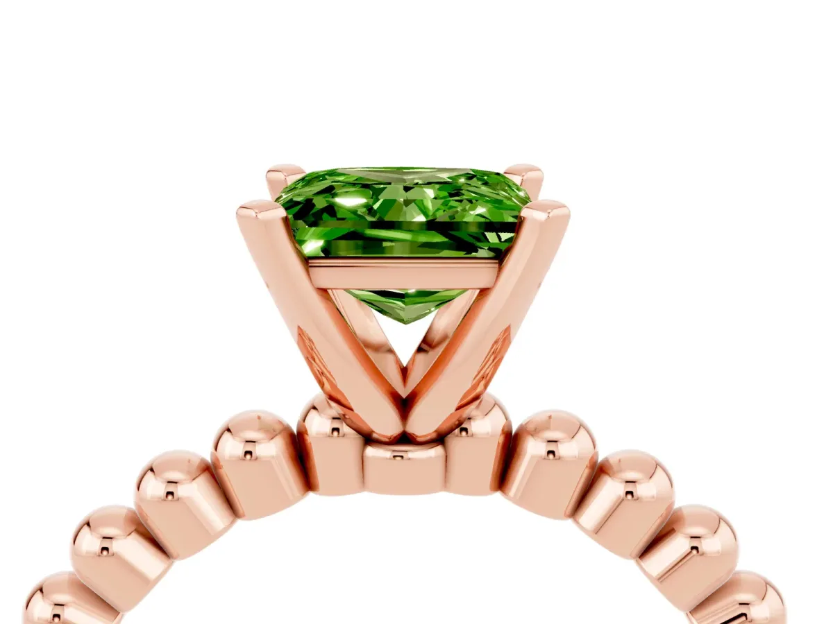 Princess Cut Peridot Solitaire Ring with Beaded Band and Prong Setting Rose gold