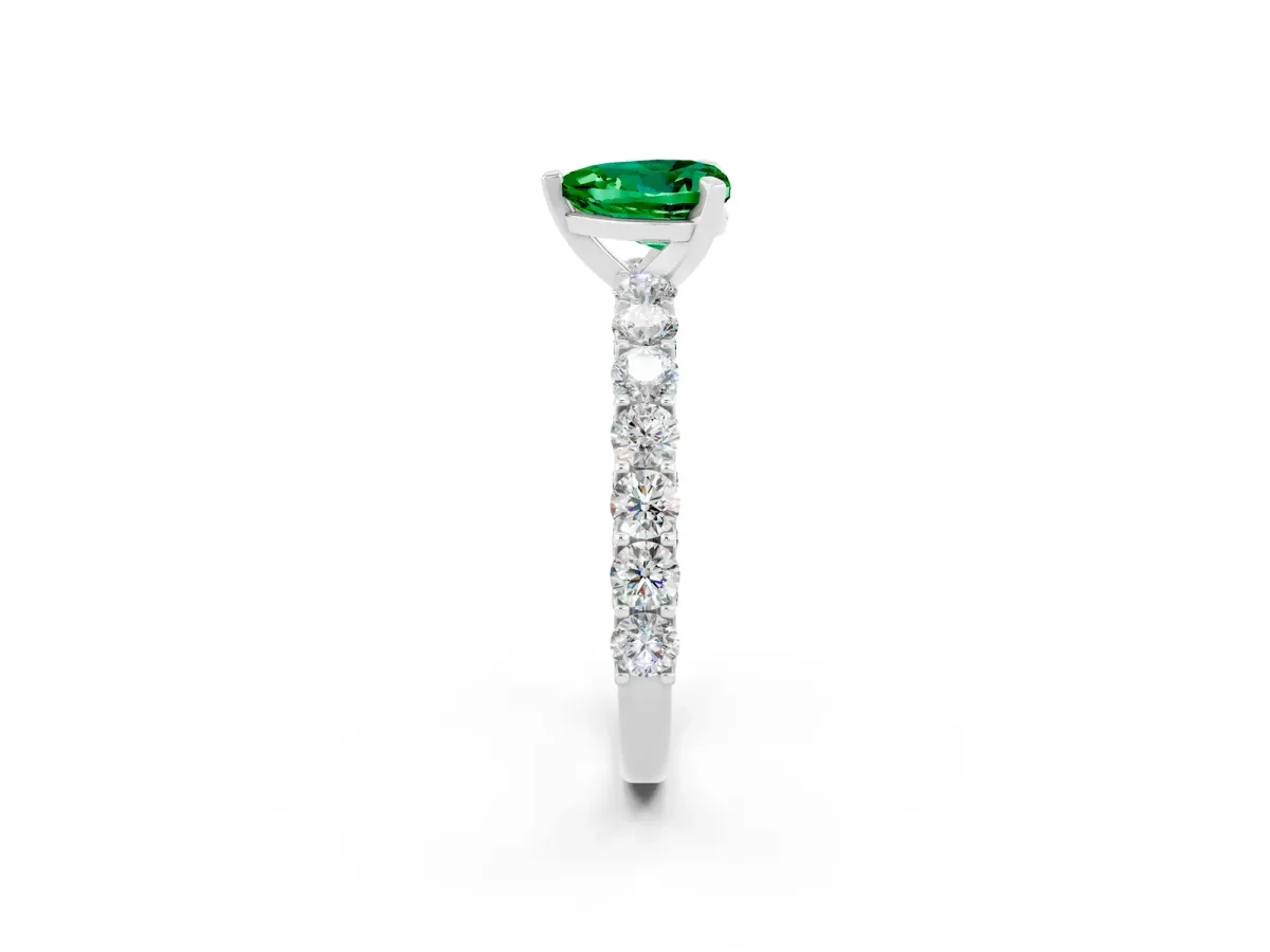 Heart Cut Emerald Solitaire Ring with Shared Prong Pavé Band and Four-Prong Setting Silver