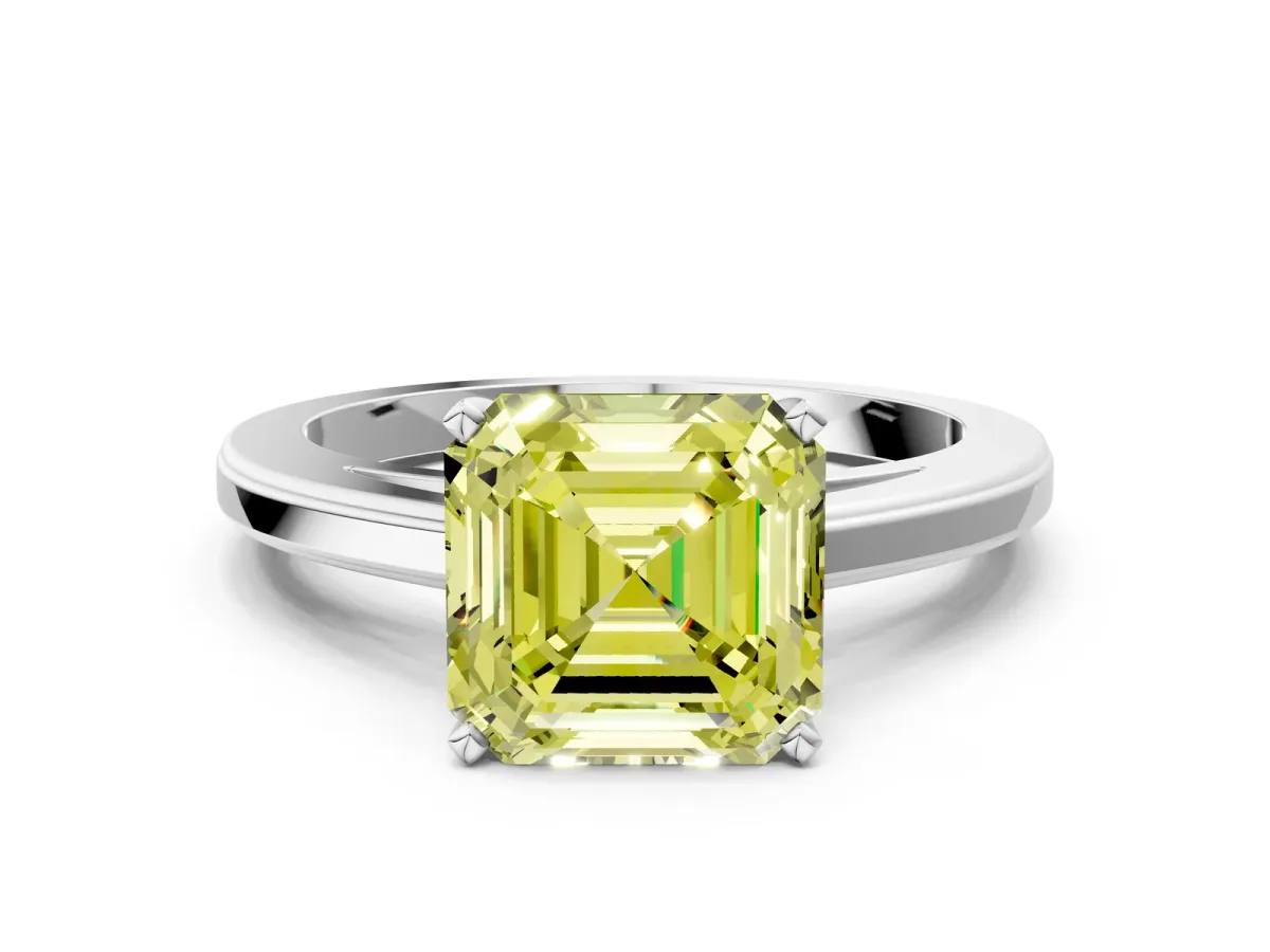 Fancy Yellow Asscher Cut Solitaire Diamond Ring with Four-Prong Setting and Classic Band Platinum