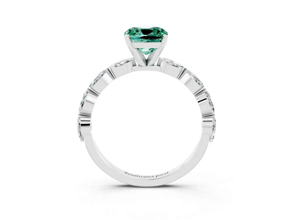 Cushion Cut Green Sapphire Ring with Marquise Side Stones and Prong Setting Platinum