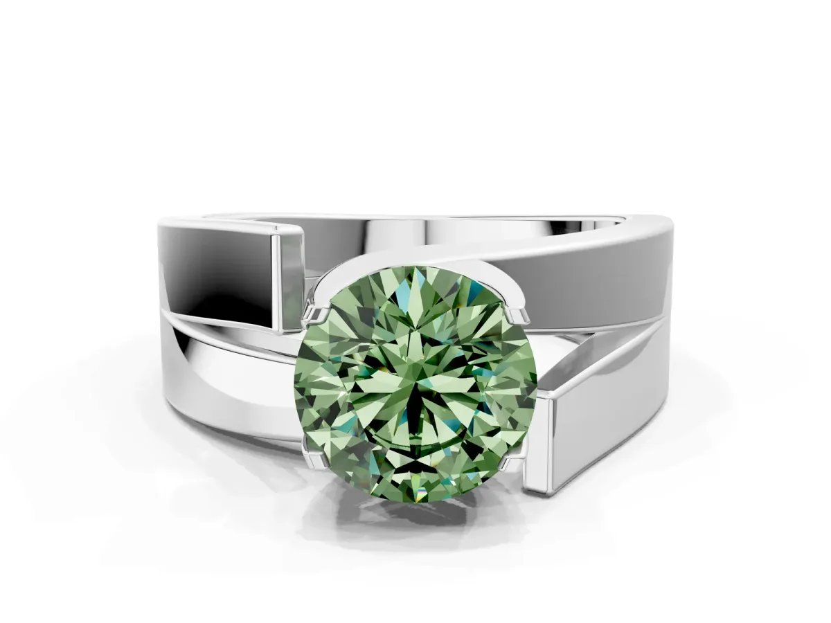 Fancy Green Modern Tension Set Round Cut Diamond Solitaire Wide Band Ring Platinum