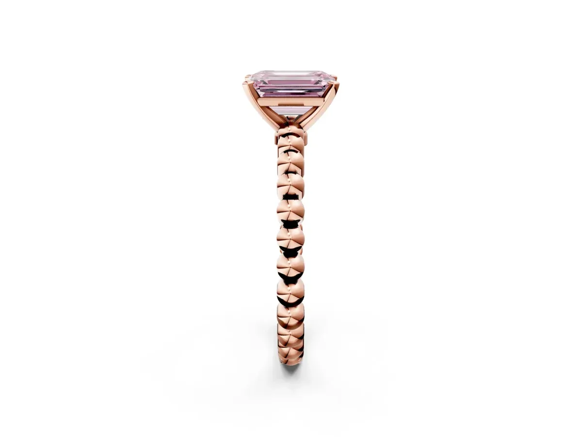 Fancy Pink Emerald Cut Diamond Solitaire Ring with Beaded Band and Prong Setting Rose gold