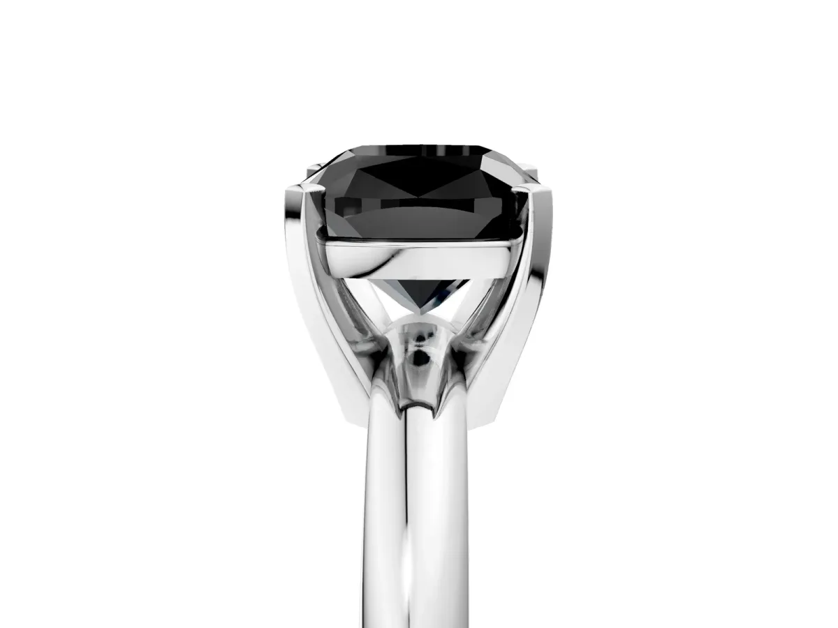 Fancy Black Cushion Cut Diamond Solitaire Engagement Ring with Round Band and Four-Prong Setting Silver