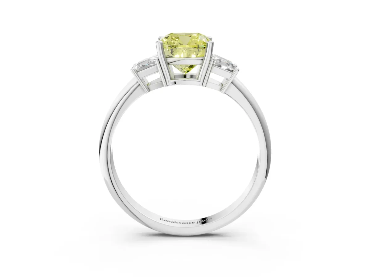 Fancy Yellow Cushion Cut Diamond Three-Stone Ring with Trapezoid Side Stones and Prong Setting Silver