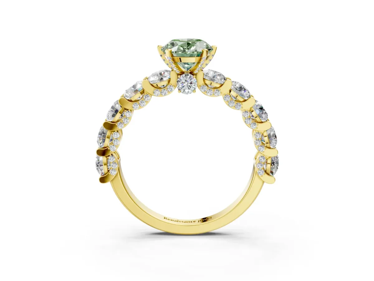 Fancy Green Oval Cut Diamond Side Stone Engagement Ring with Four-Prong Setting Yellow gold