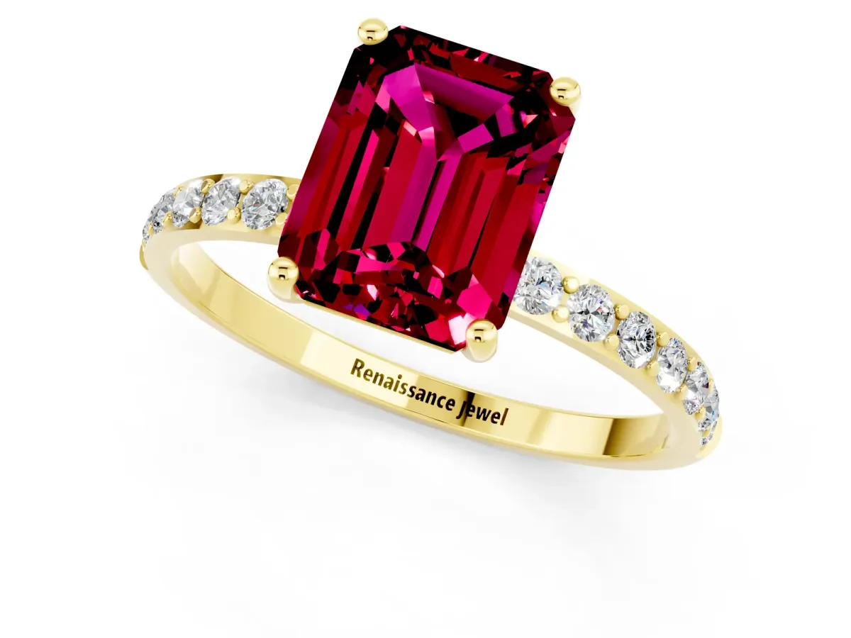 Emerald Cut Garnet Solitaire Ring with Round Pavé Band and Prong Setting Yellow gold