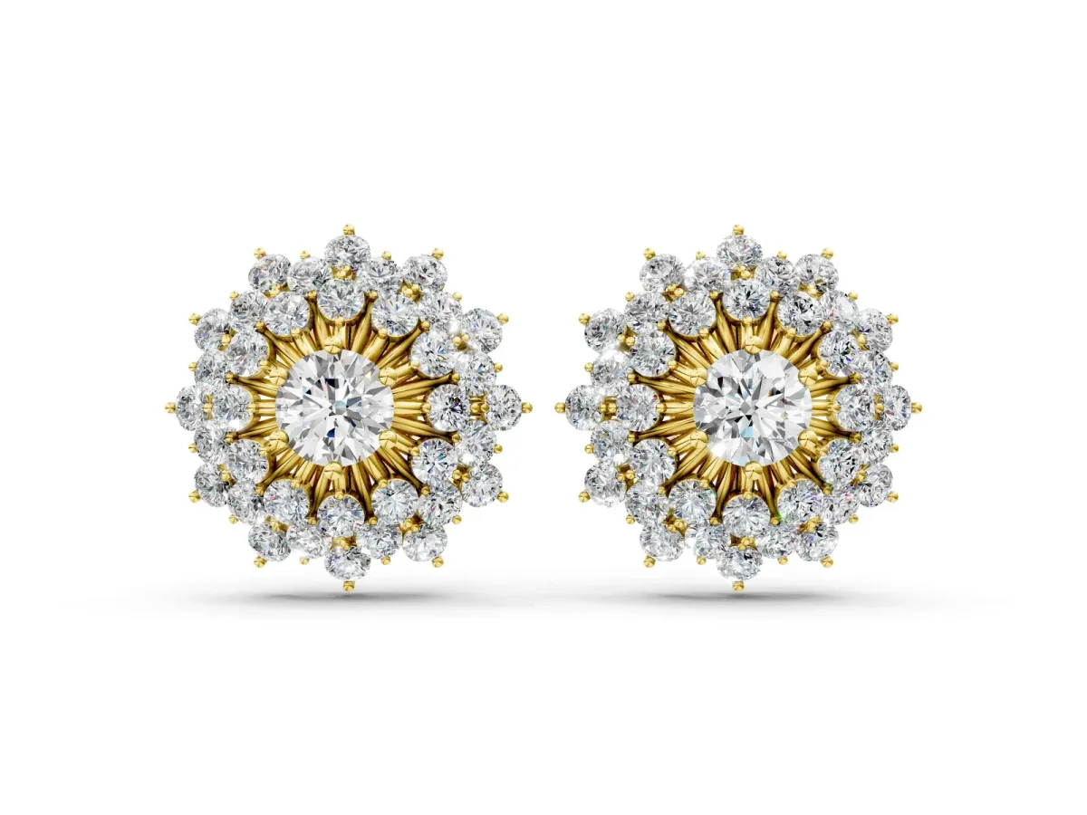 Round Diamond Sunburst Stud Earrings Yellow gold