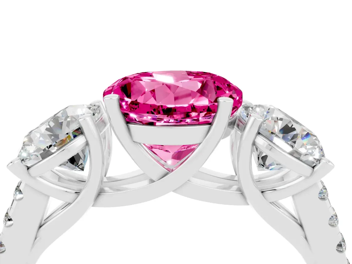 Three-Stone Round Cut Pink Sapphire Ring with Round Pavé Band and Prong Setting Silver