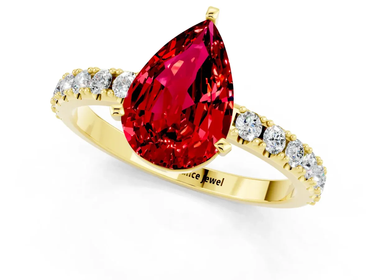 Pear Cut Ruby Solitaire Pavé Band with Four-Prong Setting Yellow gold