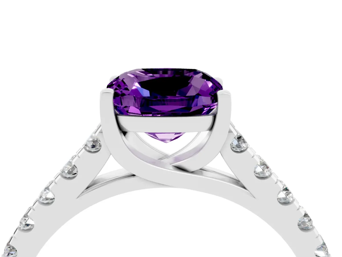 Cushion Cut Amethyst Pavé Band Solitaire Ring with Prong Setting Platinum
