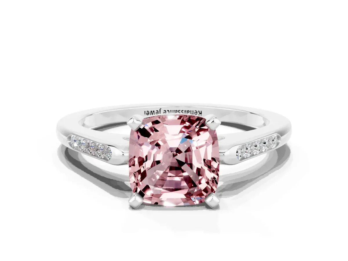 Cushion Cut Morganite Solitaire Ring with Channel Set Round Band and Prong Setting Silver