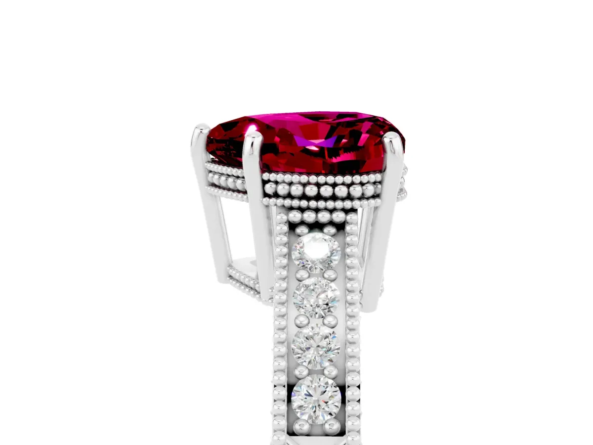 Heart Cut Garnet Ring with Milgrain Pavé Band and Four-Prong Setting Platinum