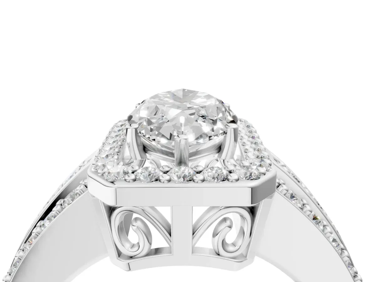 Marquise Cut Halo Diamond Ring with Round Moissanite Split Shank and Prong Setting Silver
