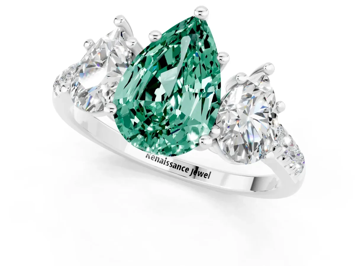 Three-Stone Pear Cut Green Sapphire Ring with Round Pavé Band and Prong Setting Silver