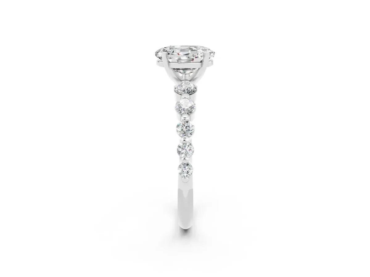 Oval Cut Solitaire Moissanite Ring with Pave Band and Four-Prong Setting Silver