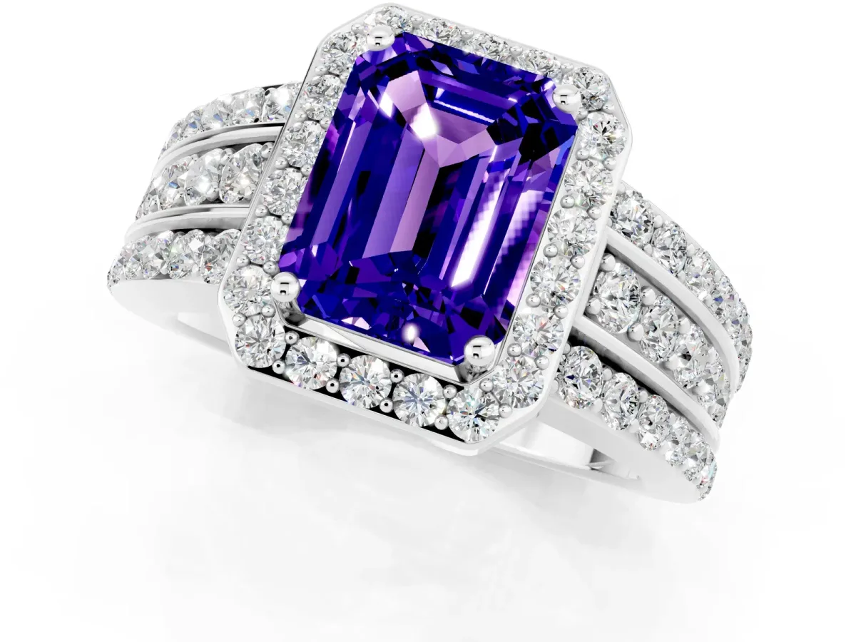 Emerald Cut Halo Tanzanite Ring with Round Split Shank and Prong Setting White gold