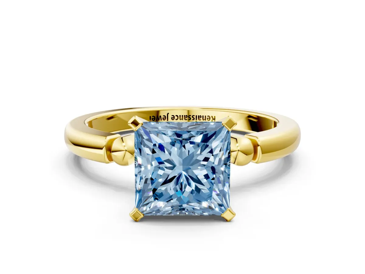 Fancy Blue Princess Cut Solitaire Beaded Band with Four-Prong Setting Yellow gold