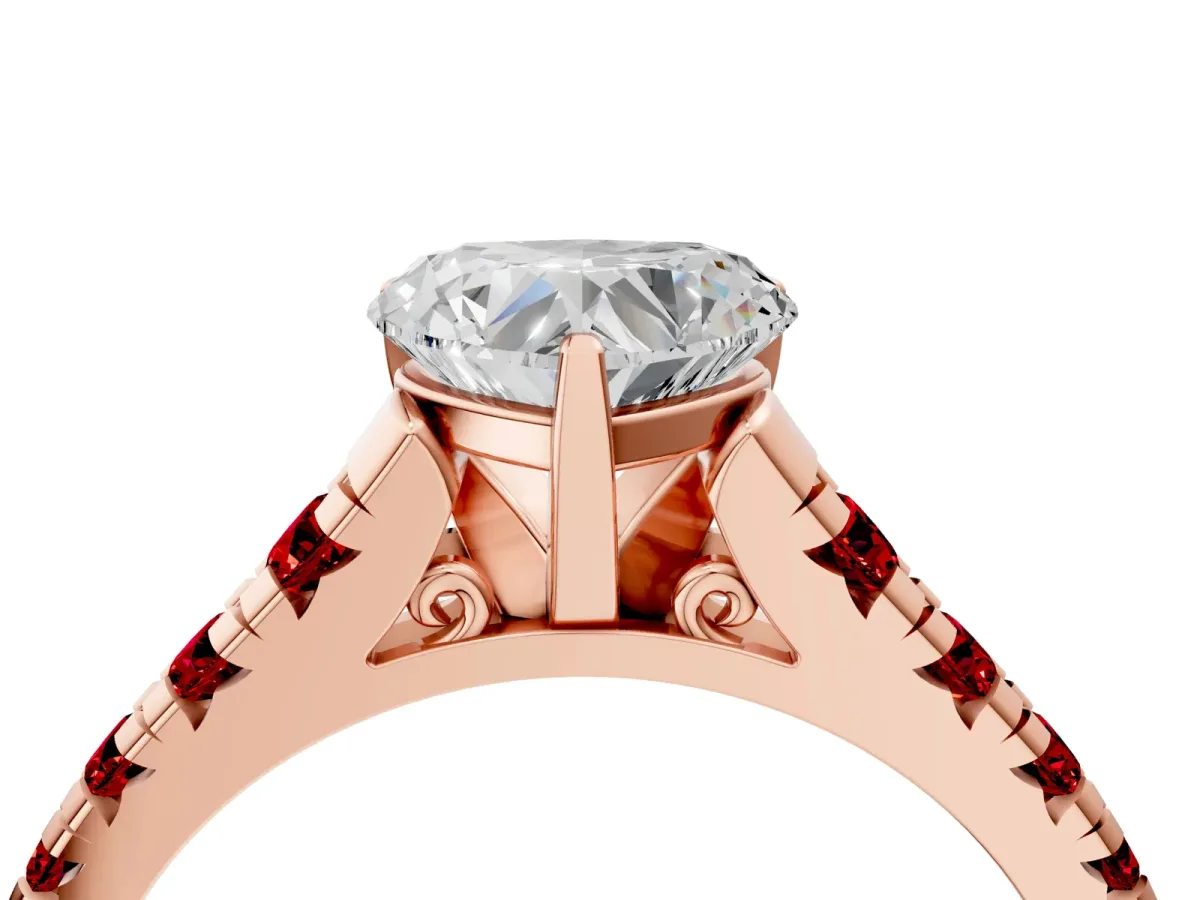 Heart Cut Diamond Cathedral Solitaire Ring with Round Ruby Pavé Band Rose gold