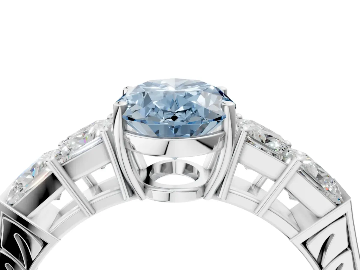 Fancy Blue Oval Cut Solitaire Princess Side Stone Engraved Band Prong Setting Ring Silver