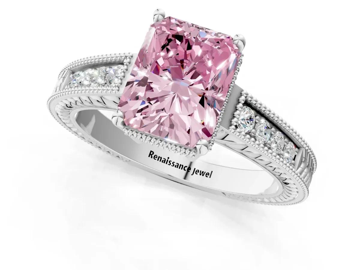 Fancy Pink Radiant Cut Cut Diamond Milgrain Pave Band Four-Prong Setting Ring Platinum