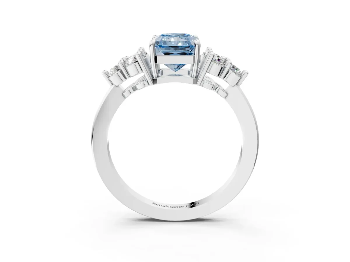 Fancy Blue Radiant Cut Brilliant Diamond Cluster Accent Solitaire Ring with Prong Setting Platinum